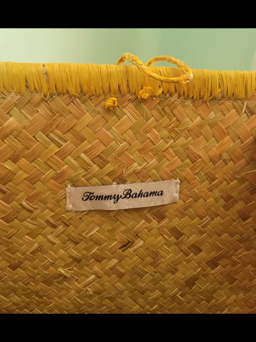 Tommy Bahama Raffia Pink Woven Tote with Yellow Trim and Tan Leather Straps